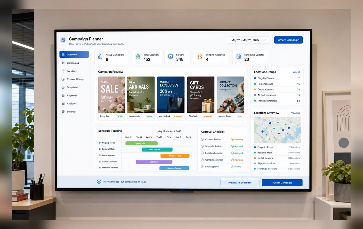 multi-location campaigns on a TV screen