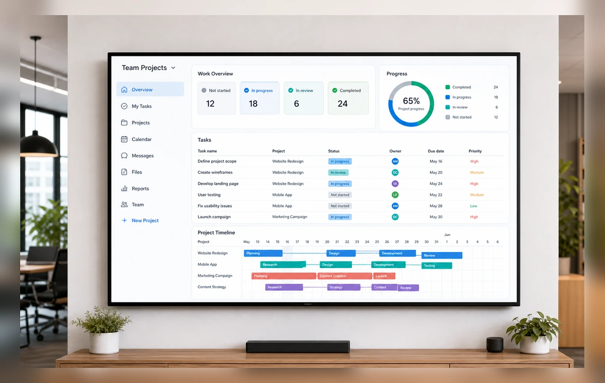 Asana tasks on a TV screen