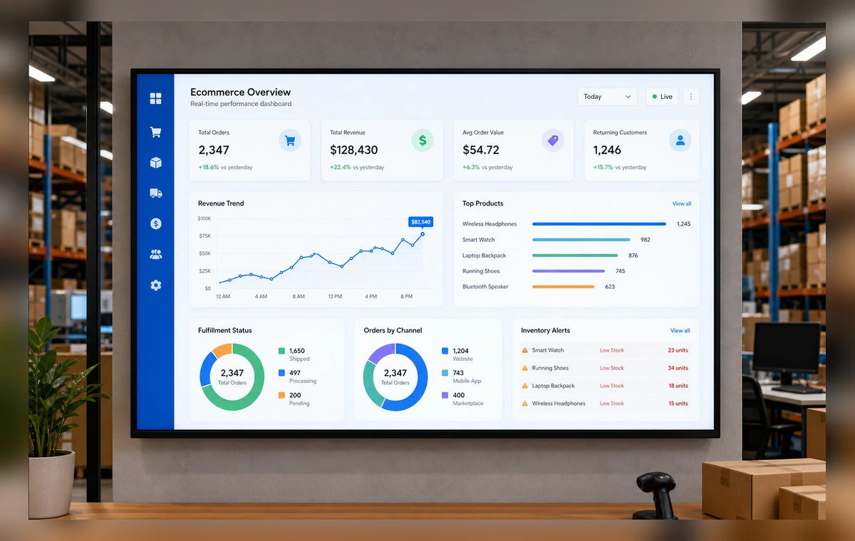 Shopify sales dashboards on a TV screen
